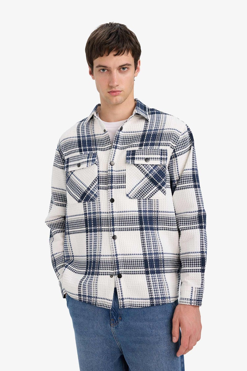 DeFacto Blue Man Relax Fit Long Sleeve Waffle Shirt Casual - Image 3